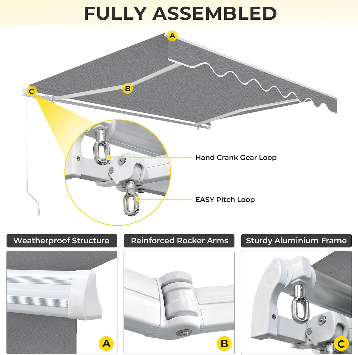 9.8'x8.2' Patio Awning Retractable Fully Assembled, Grey | Manual Sunshade Shelter Outdoor Deck Canopy Balcony Awning