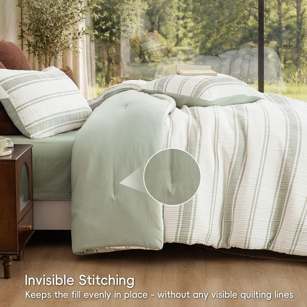 3-Piece Crinkle Comforter Set, Green Stripe, Soft & Breathable