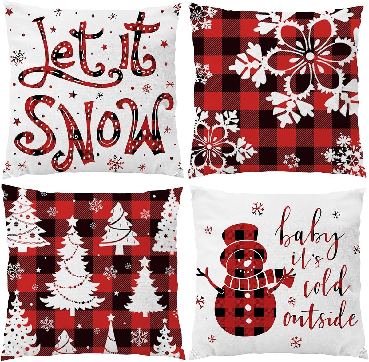 Red and Black Buffalo Plaid Merry Christmas Throw Pillow Covers 18x18 Outdoor Decorative Cases Winter - Set of 4