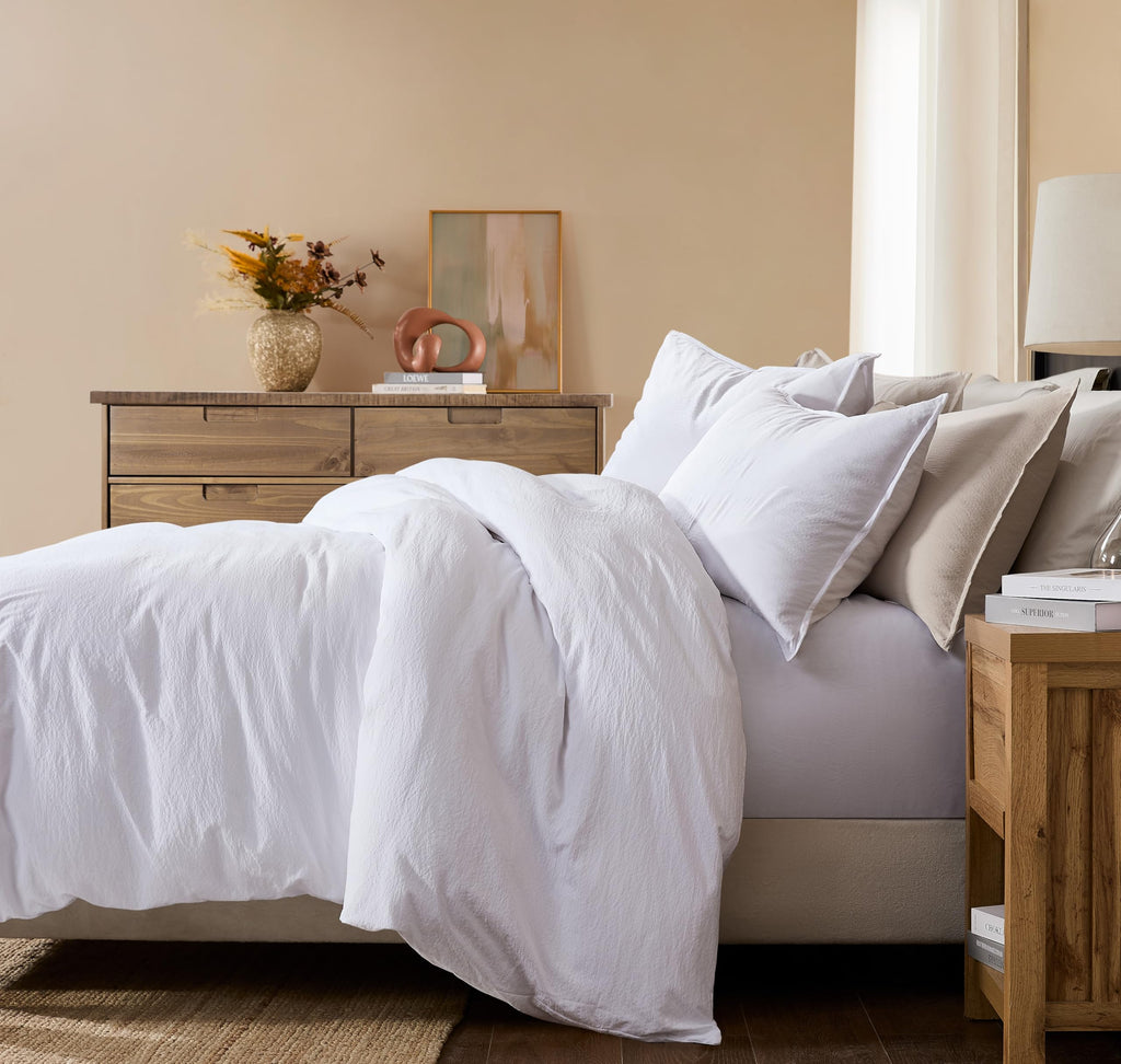White Jacquard Duvet Cover Set with Zipper Closure, Modern Washed Soft Striped Bedding, Textured