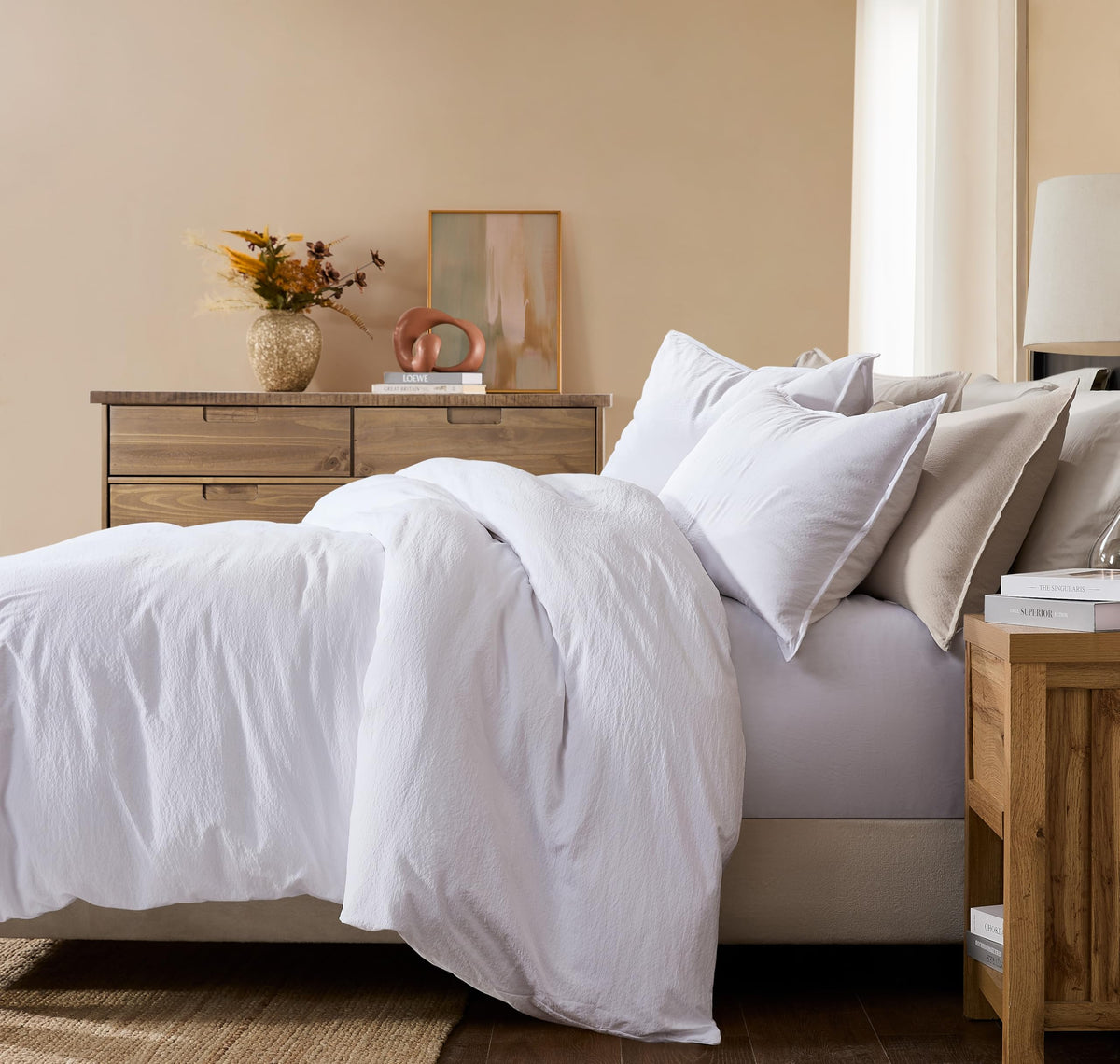 White Jacquard Duvet Cover Set with Zipper Closure, Modern Washed Soft Striped Bedding, Textured