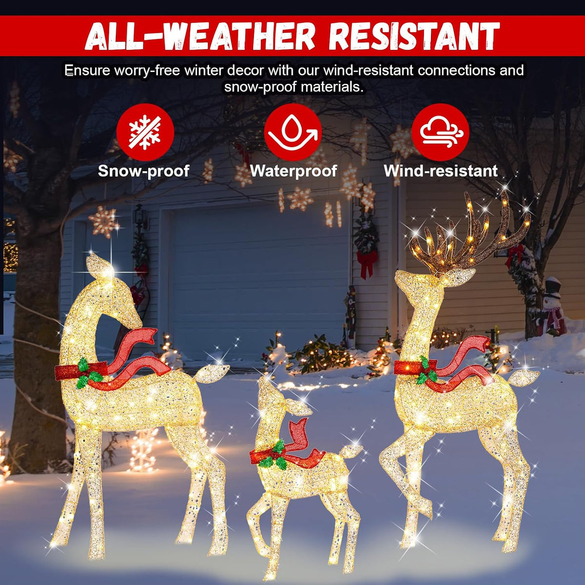 62" Reindeer Christmas Decor Outdoor, 3-Piece Lighted Reindeer Family-Gold