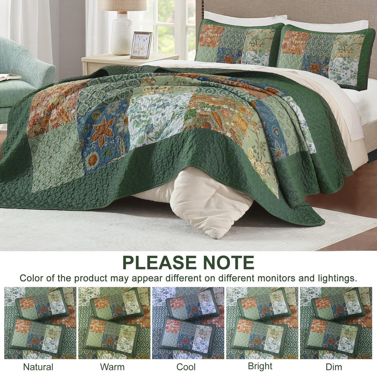 Patchwork Quilt Set Green Boho Rustic Floral Bedspread Coverlet
