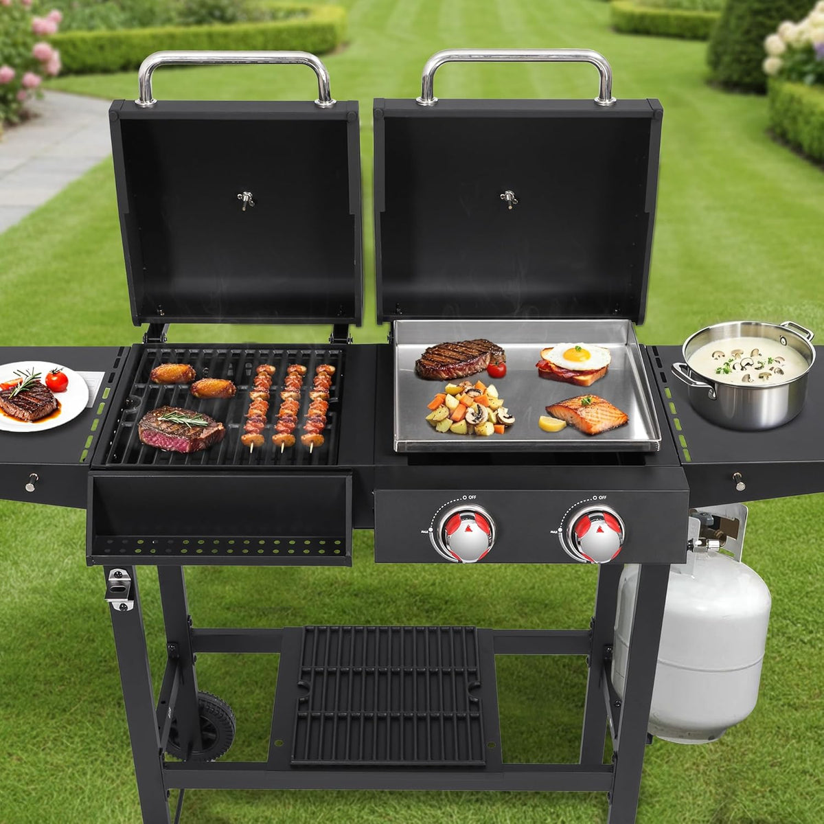 2-Burner Propane and Charcoal Grill Combo with Cast Iron Grates and Stainless Steel Flat Top Griddle for Outdoor BBQ