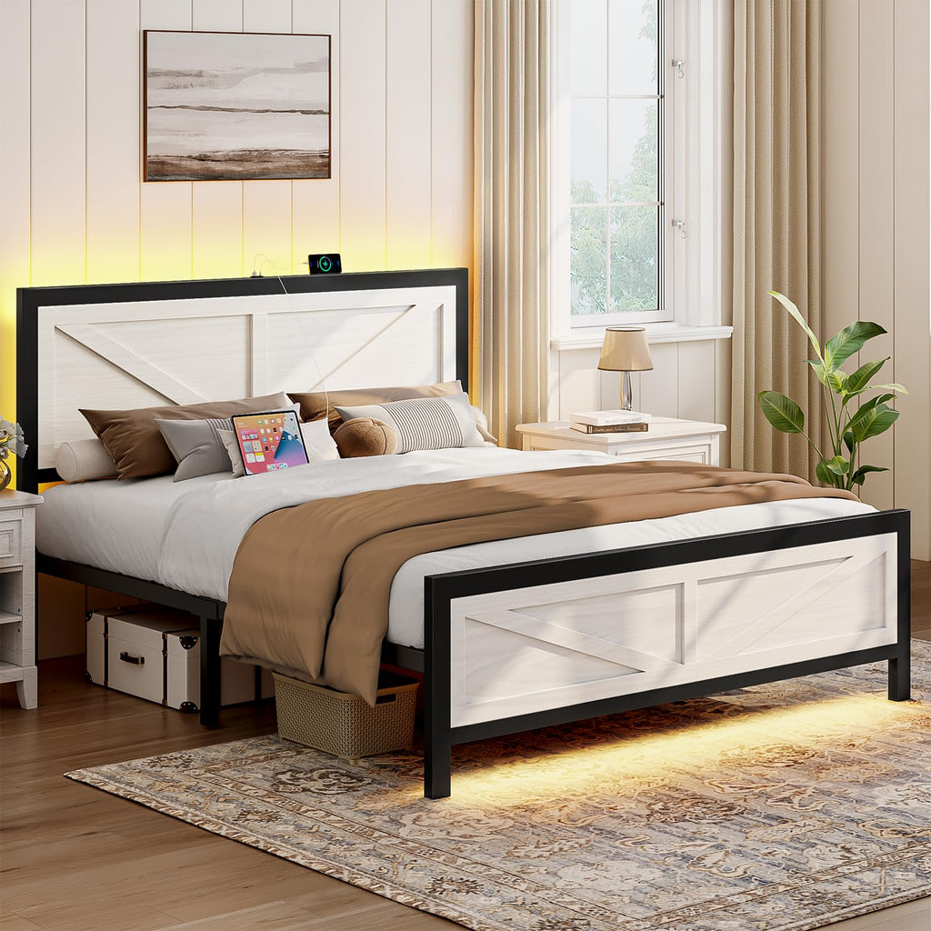 Rustic Farmhouse Bed Frame, Barn Door Headboard, White