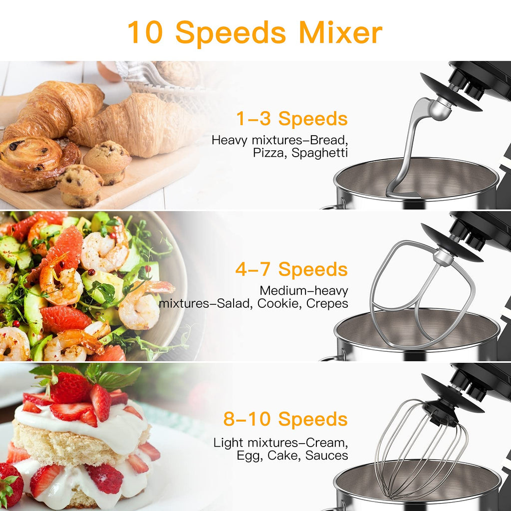 Stand Mixer Dough Mixer 7QT 660W 10-Speed Tilt-Head Dough Mixer, Electric Kitchen Mixer with Stainless Bowl, Hook