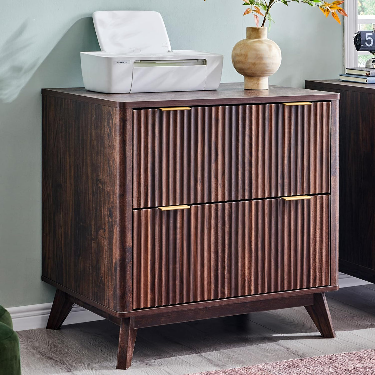 31.8-Inch Fluted 2 Drawer Lateral File Cabinet, Dark Walnut | Filing Cabinet with Files Hanging Rod for Letter