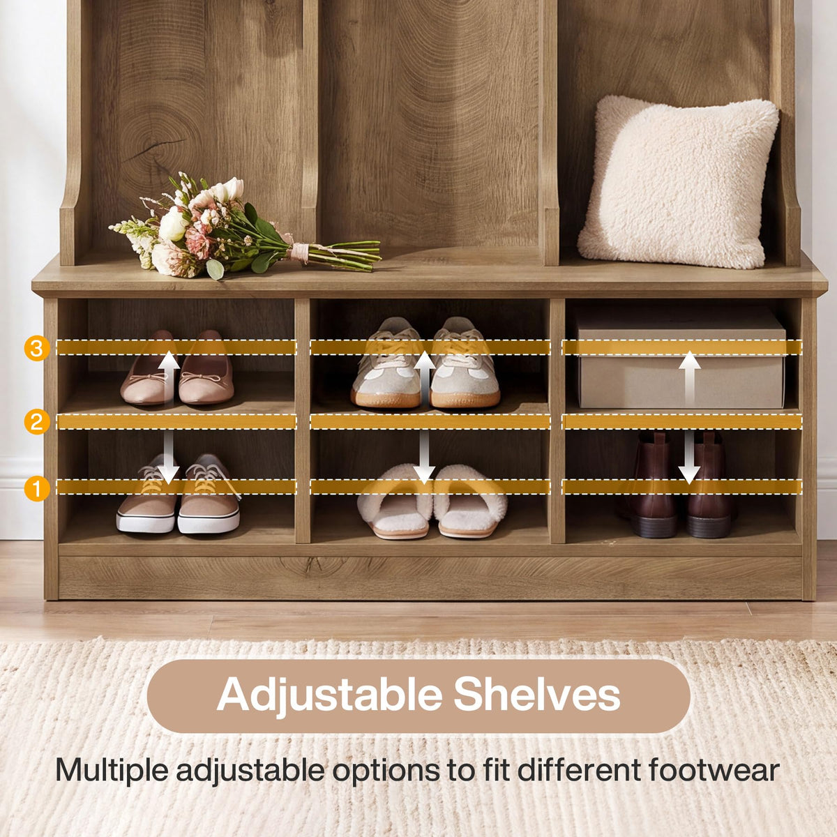 Hall Tree with Bench and Shoe Storage, Rustic Oak