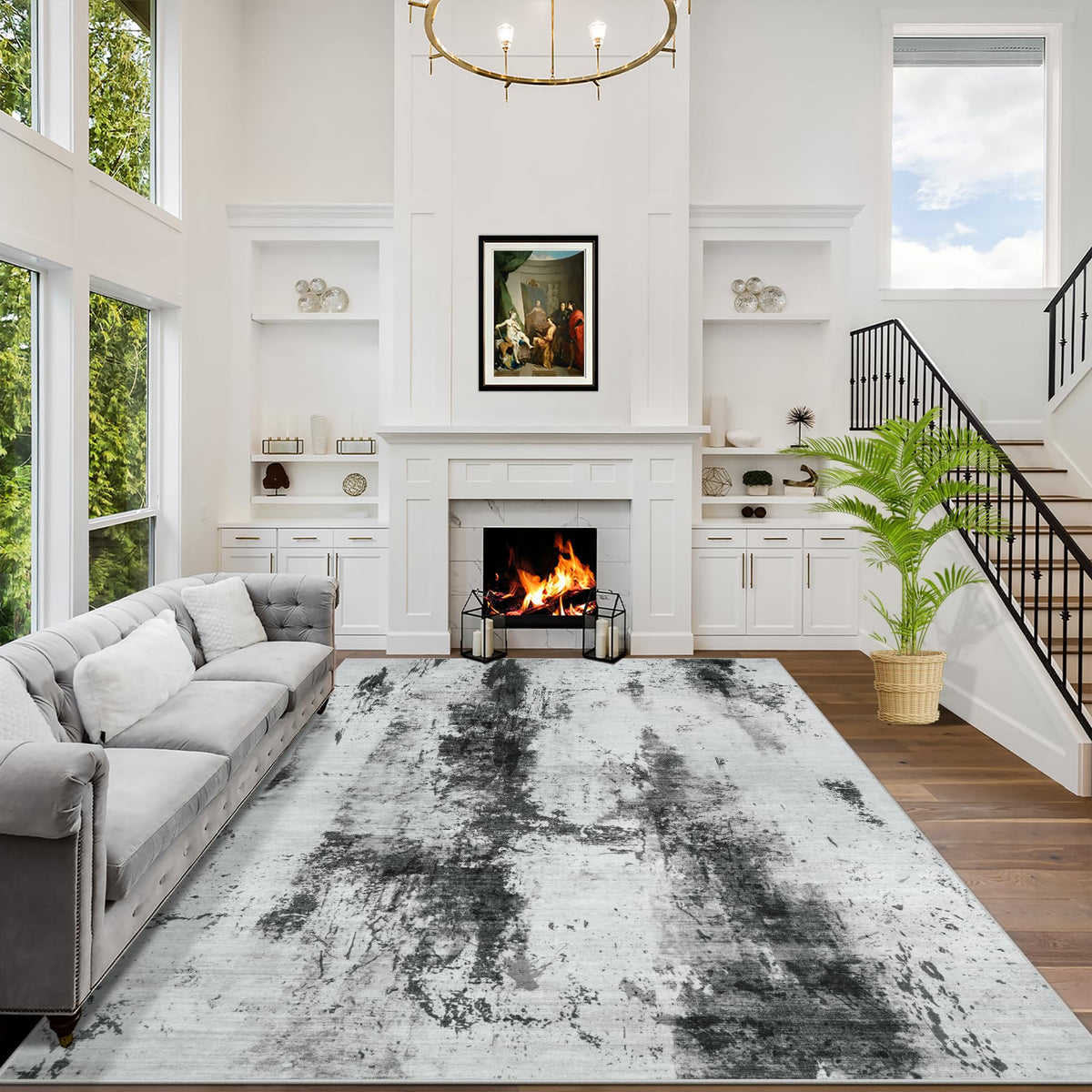 2'6''x8' Runner Rugs Washable Rug: Modern Abstract Black White Grey Carpet