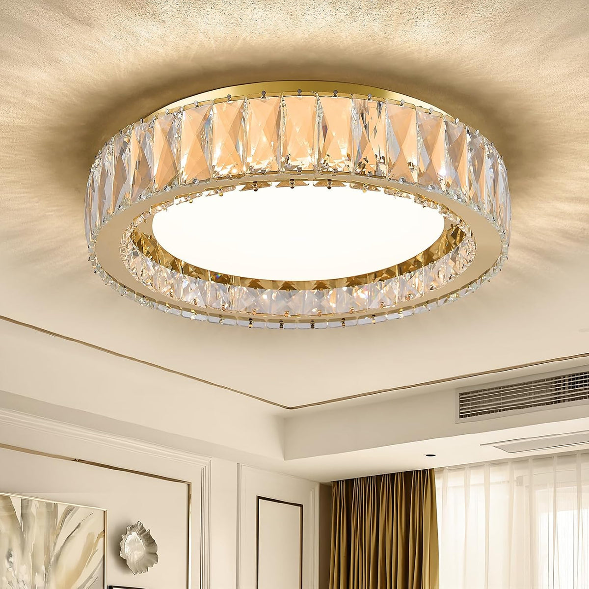 15-Inch Gold Modern Crystal Flush Mount Chandelier for Bedrooms and Hallways