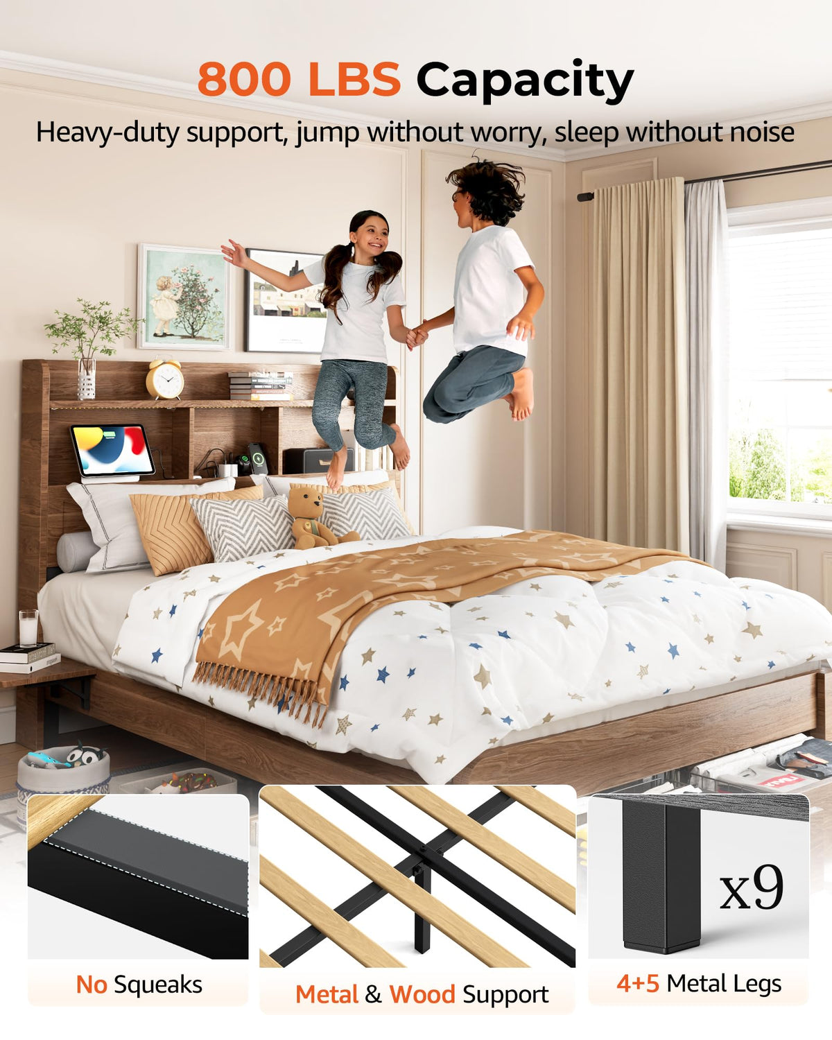 Full Size Bed Frame with 2-Tier Storage Headboard, LED Lights, Charging Station, 2 Drawers, 800lbs Capacity, Wood &