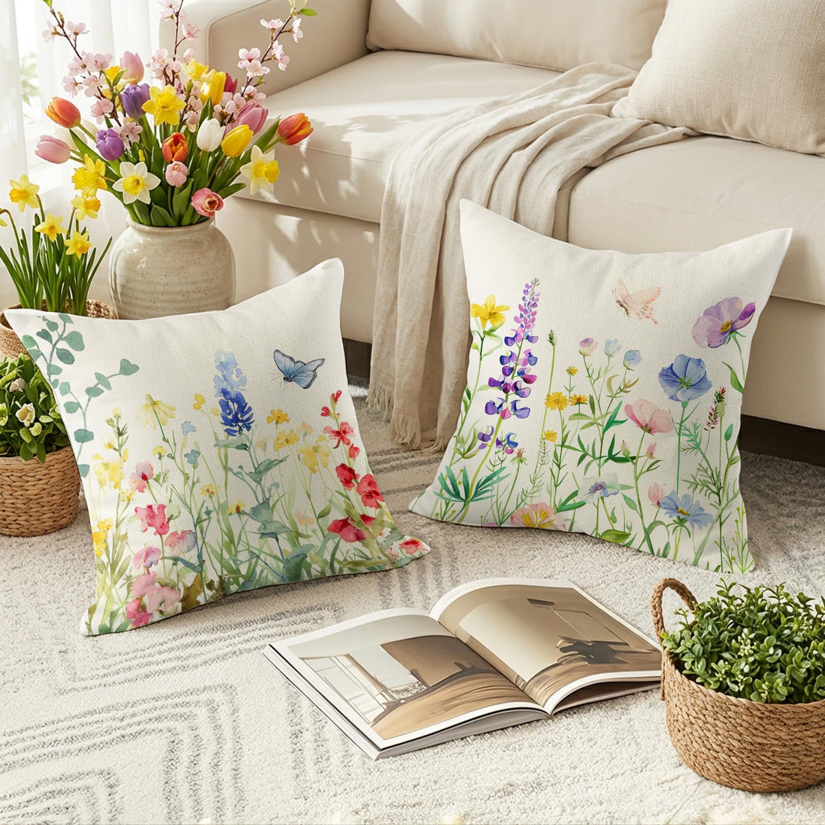 Spring Pillow Covers 20x20 inch Set of 4, Floral Flower Holiday Outdoor Farmhouse Seasonal Decorations for Sofa Couch