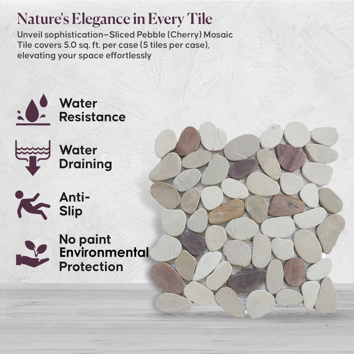 Cherry Sliced Pebble Mosaic, Tumbled Stone Backsplash Tiles Walls, Shower and Bathroom Floors, and Outdoor Areas (12"