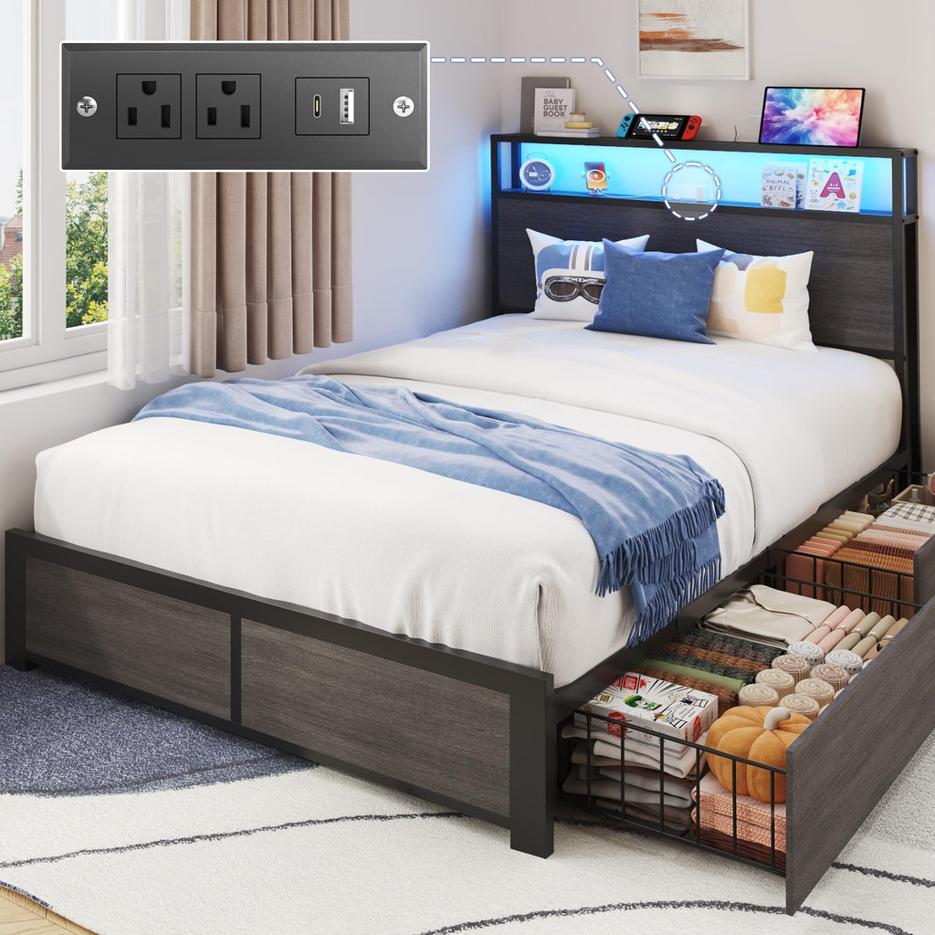 Bed Frame with 2-Tier Storage Headboard, Metal Bed Frame with 2 Storage Drawers, 3-in-1 Charging