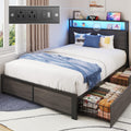 Bed Frame with 2-Tier Storage Headboard, Metal Bed Frame with 2 Storage Drawers, 3-in-1 Charging