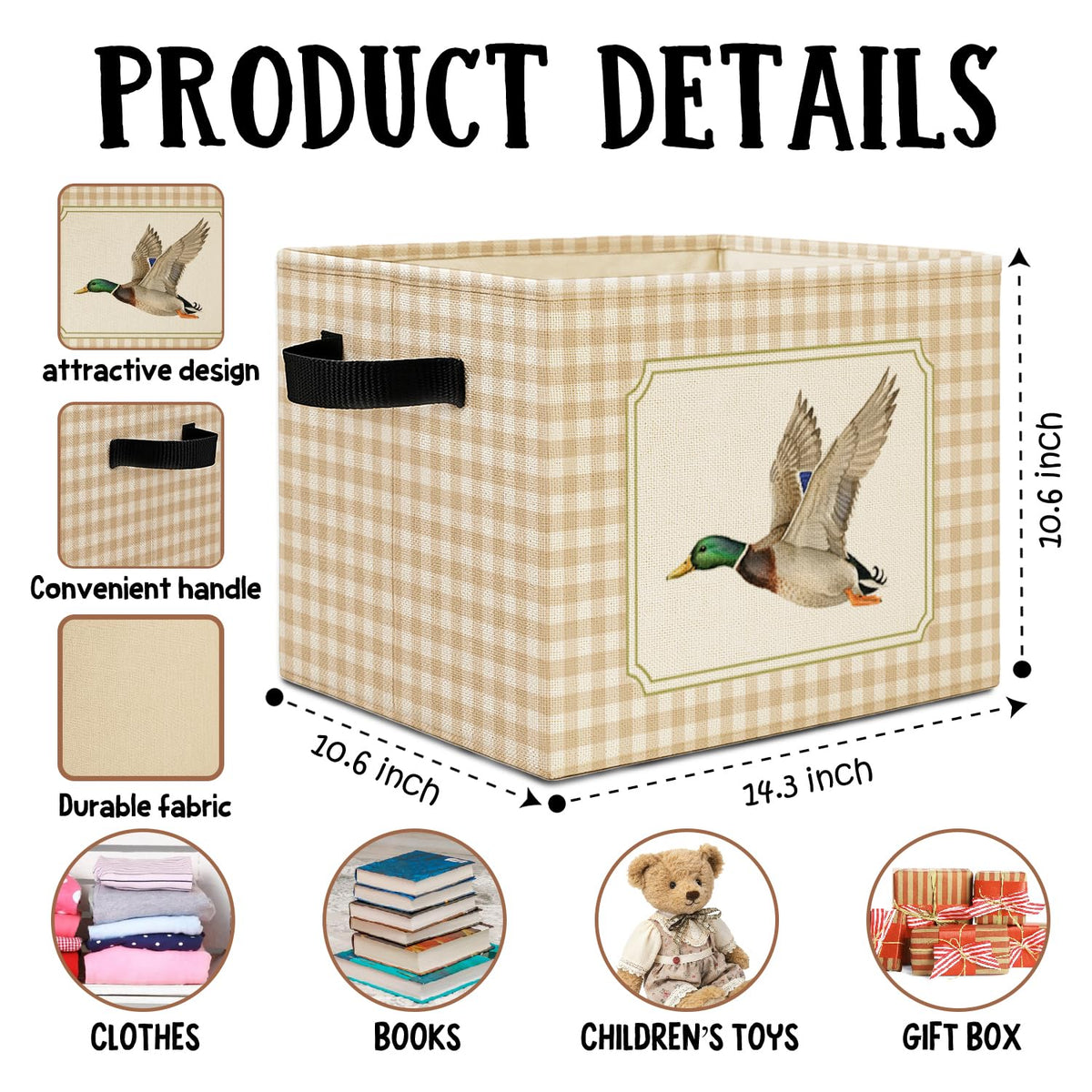 Mallard Duck Checkered Nursery Storage Bins Box with Handles, Beige White Plaid Flying Mallard Laundry Basket Hamper