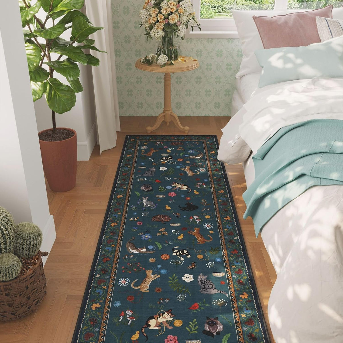 Runner Rug Washable Non Slip Floral Cat, Pearl Gentian Blue