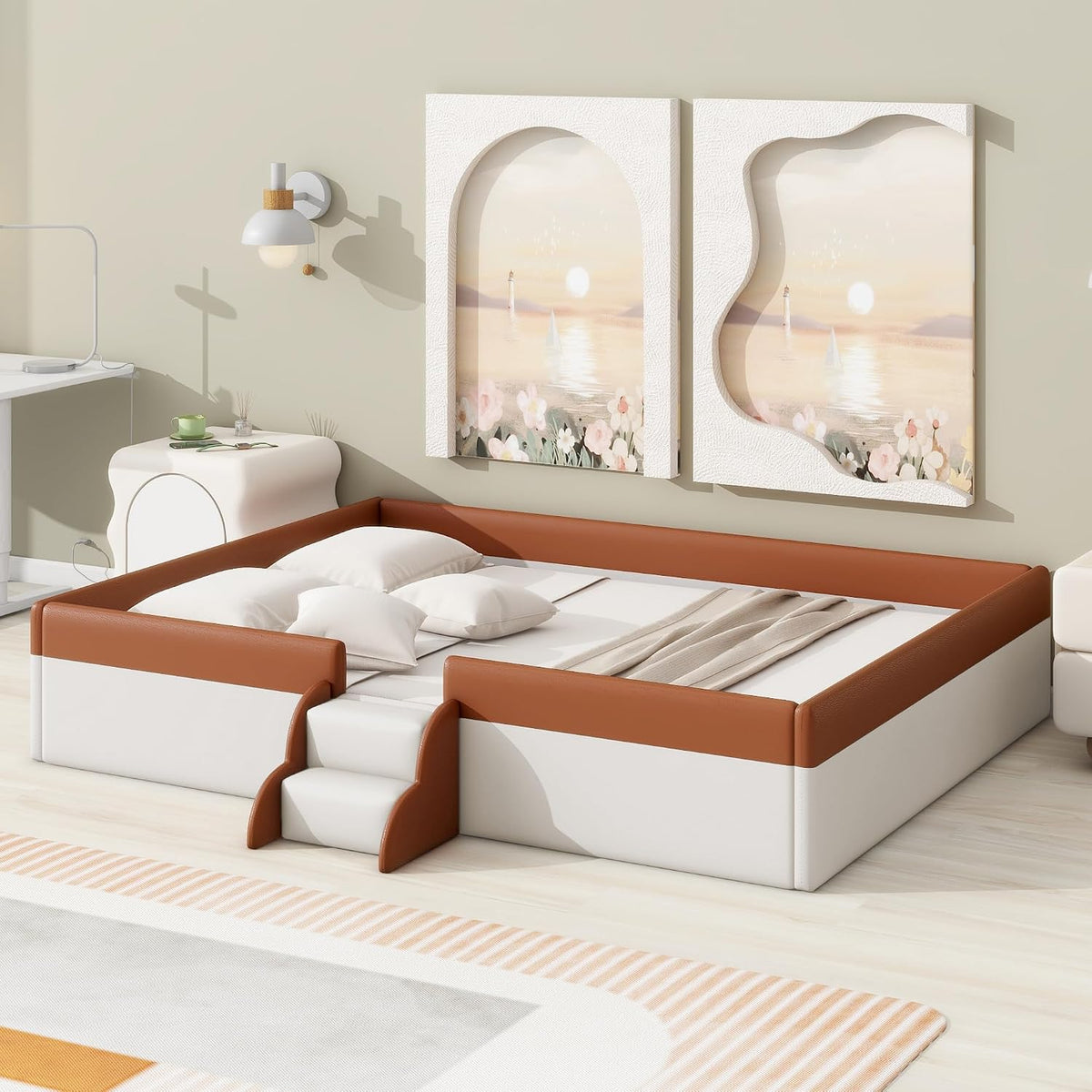 Queen Size Kids Floor Bed, Daybed Frame with Fence & Stairs, Upholstered Wood Bed , Brown+White
