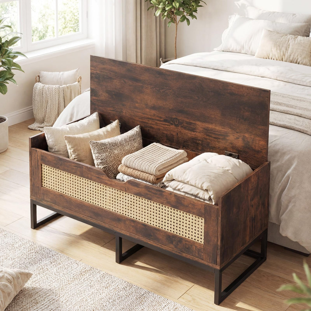 Rattan Shoe Bench, Flip-Top Entryway Bench with Removable Padded Seat & Hidden Storage, Wooden Shoe Storage Chest