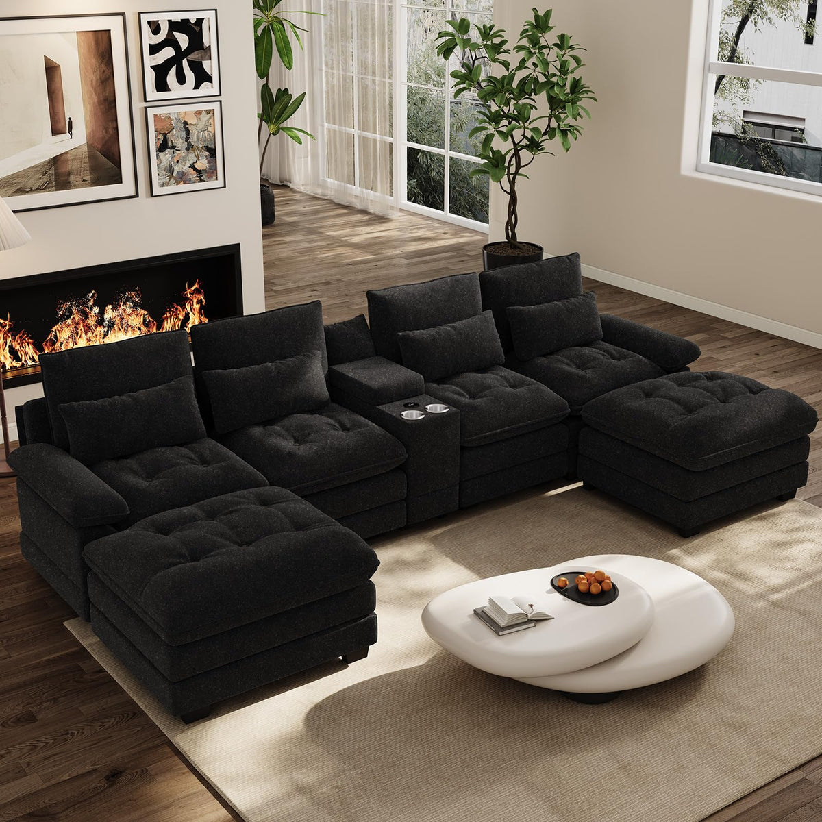 134" U-Shaped Shimmer Chenille Sectional Couch, Black