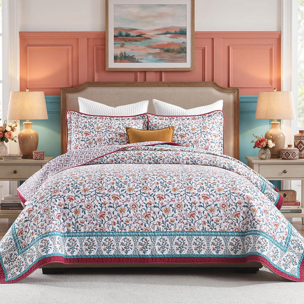 100% Cotton Quilt Set, Farmhouse Floral Reversible Quilts