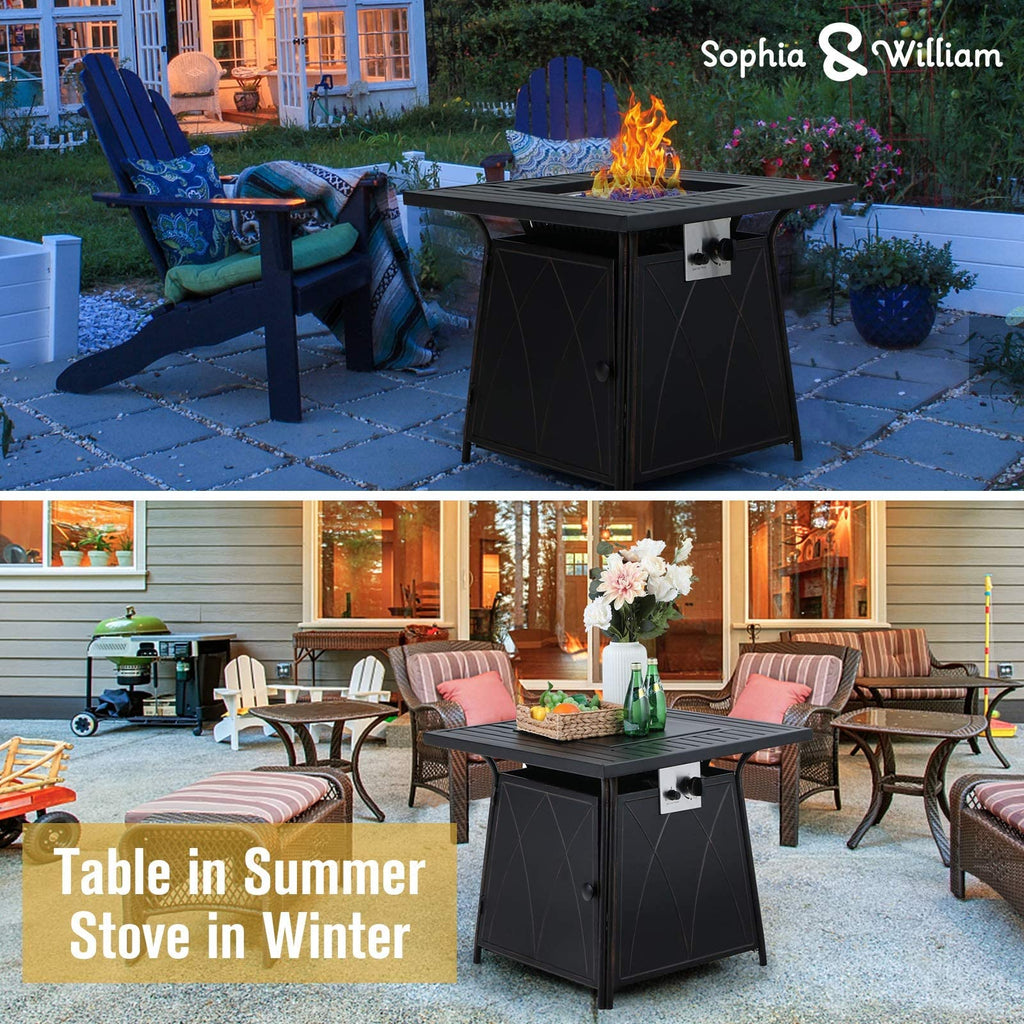 28 inch Gas Fire Pit Table with Lid and Blue Fire Glass