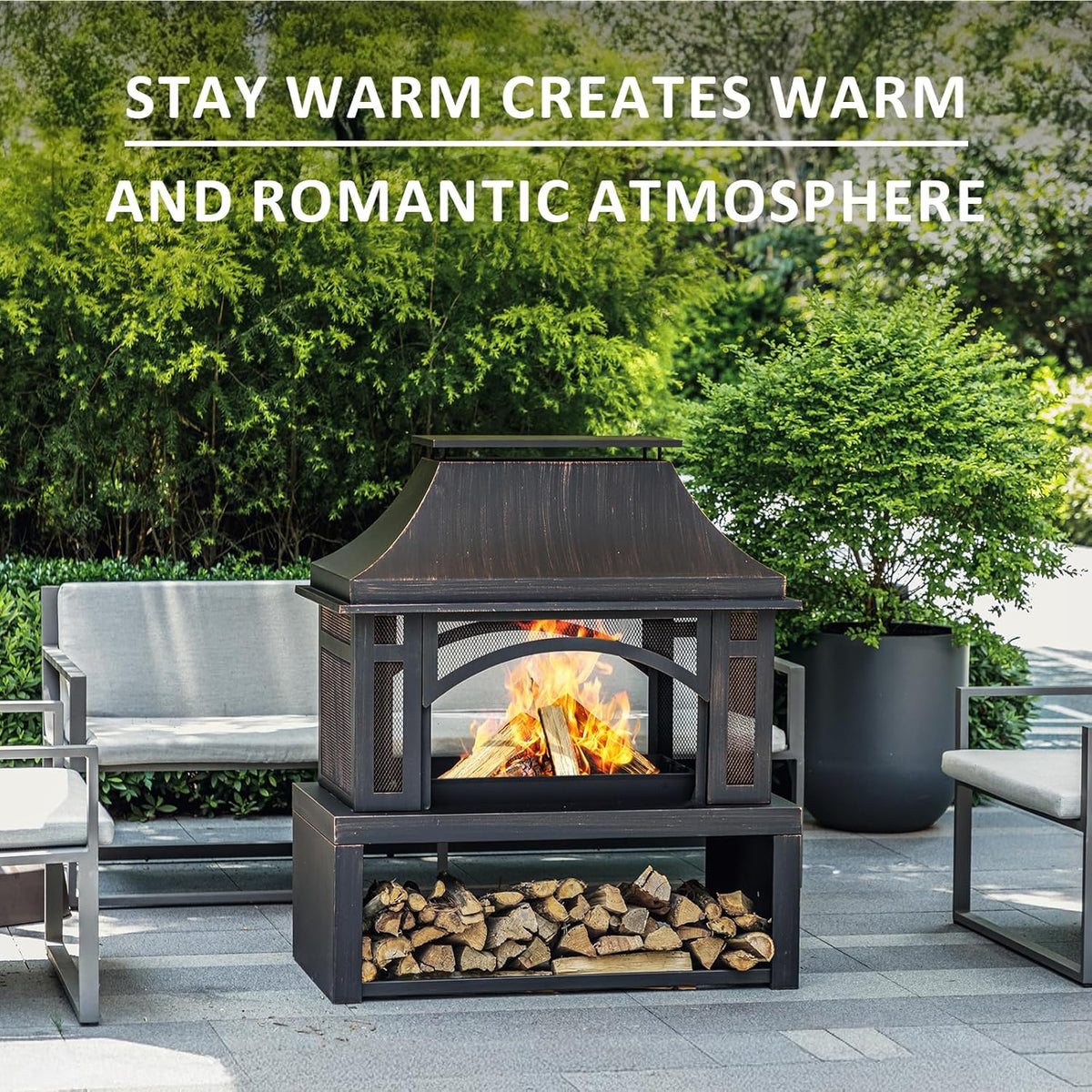 39" Fire Pits with Wood Storage for Outside, Large Wood Burning Outdoor Fireplace with Chimney