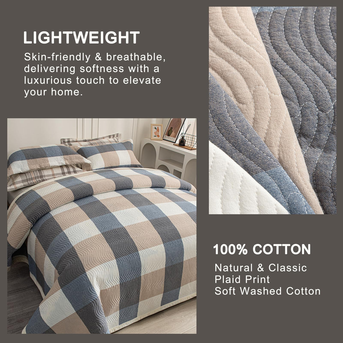 Cotton Plaid Quilt Set, Ultra Soft 3 Pieces Bedding with 2 Pillow Shams, Lightweight Reversible Coverlet