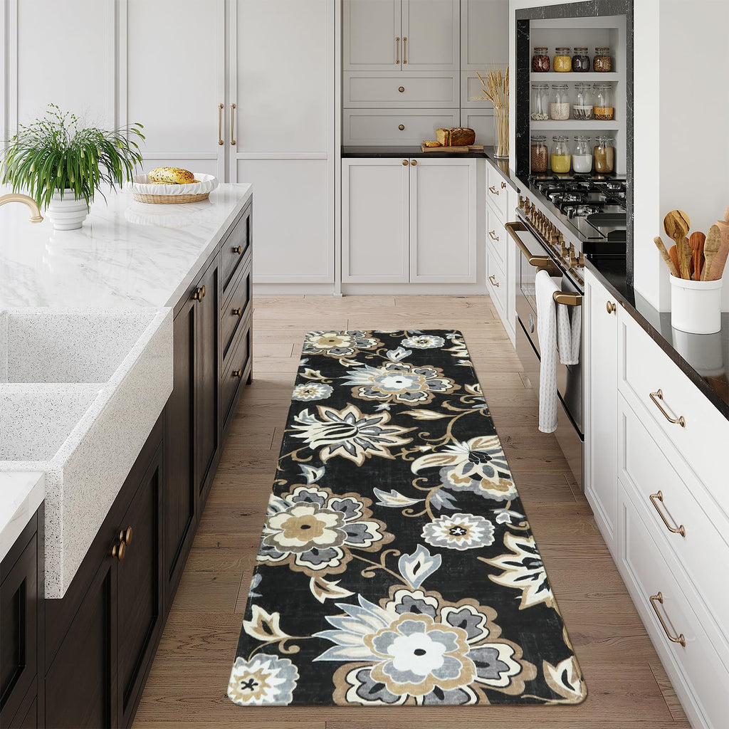 Floral Washable Rug Runner - Black Entryway Kitchen Runner Rug Non-Slip Ultra-Thin Stain Resistant, Paisley Print