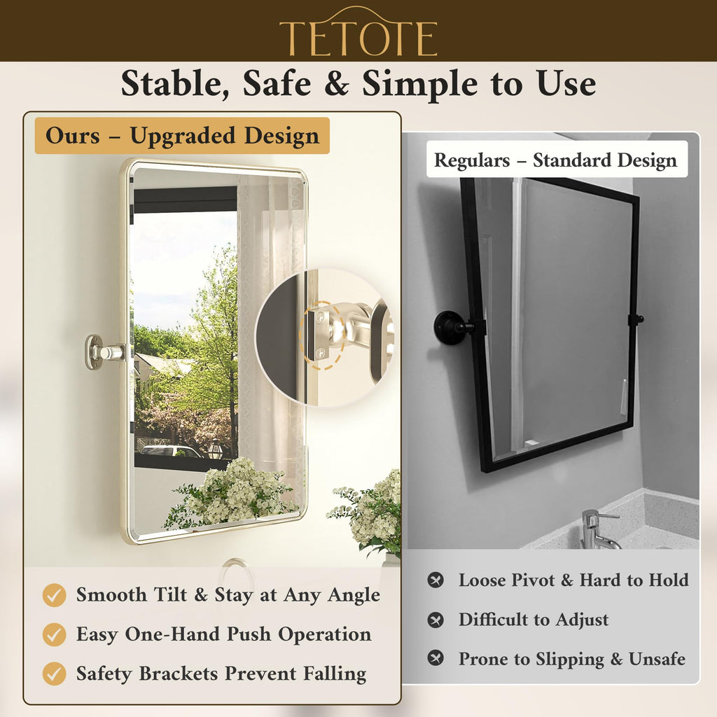 Brushed Nickel Pivot Rectangle Bathroom Vanity Mirror 24 x 36 Tilt Beveled Mirror, Pivoting Metal Framed Tempered