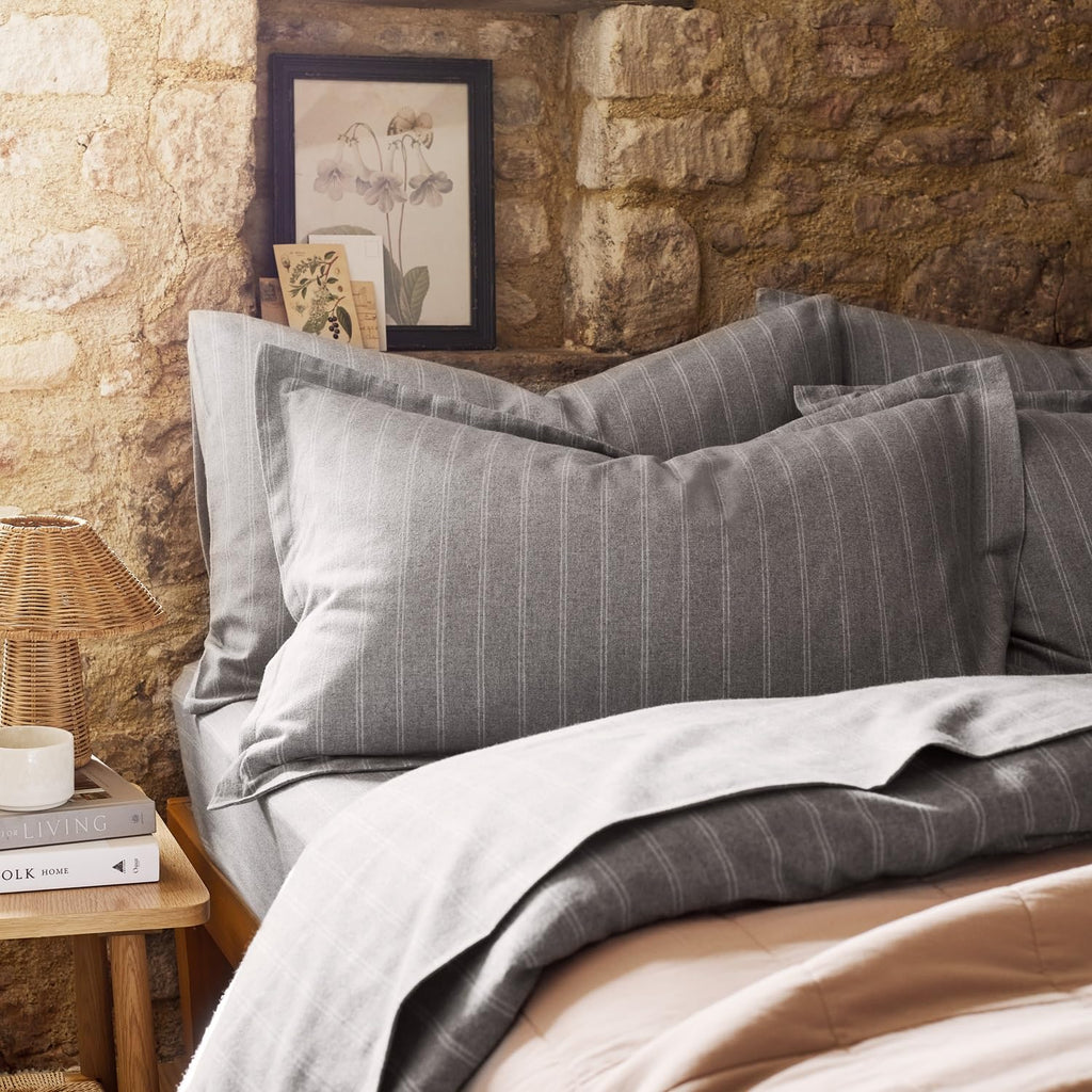 Flannel Stripe Sheet Set Brushed Cotton | Luxury Bed Linen | Super Soft and Silky Finish | Silver Gray