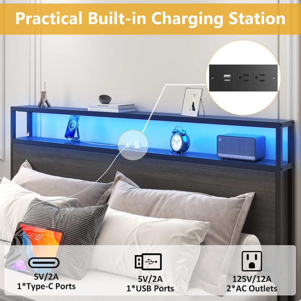 Bed Frame with 2-Tier Storage Headboard, Metal Platform Bed Frame with 4 Storage Drawers, Built in Charging