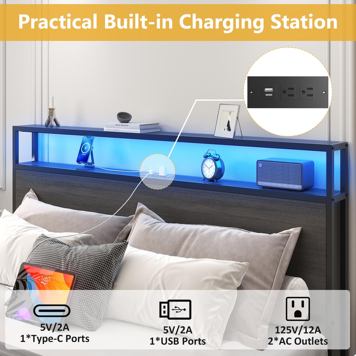 Bed Frame with 2-Tier Storage Headboard, Metal Platform Bed Frame with 4 Storage Drawers, Built in Charging