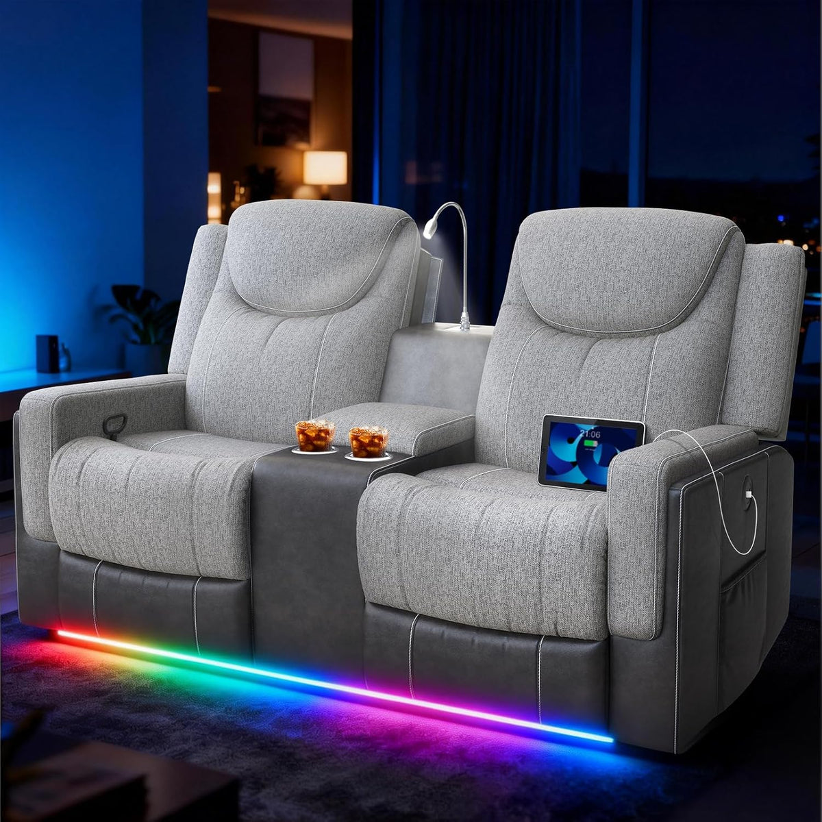 Manual Loveseat Recliner Sofa, Home Theater Seating with Touch Reading Light, Console with Cup Holders & Storage