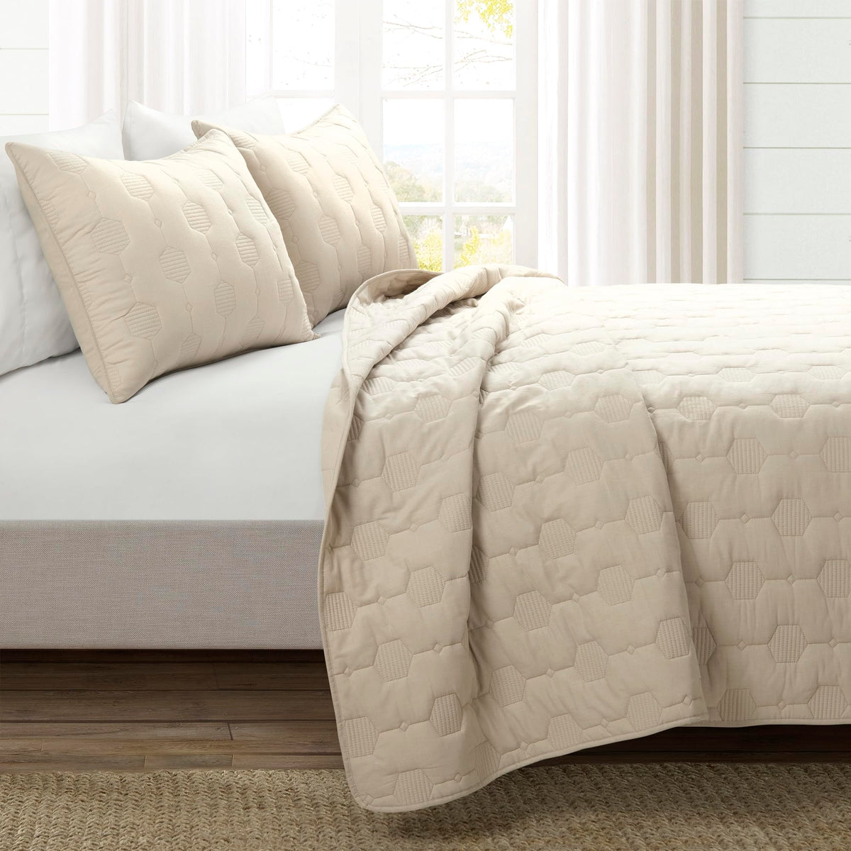 Hexagon Honeycomb Embroidered Textured Cotton 3 Piece Quilt Set, Neutral
