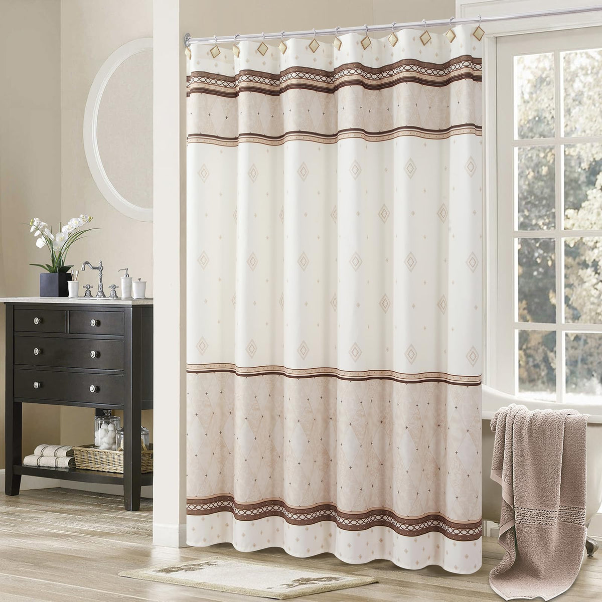 Beige Tan Fabric, Modern Cream Neutral Geometric with Brown Stripe, Waterproof Washable Decorative Marble Farmhouse