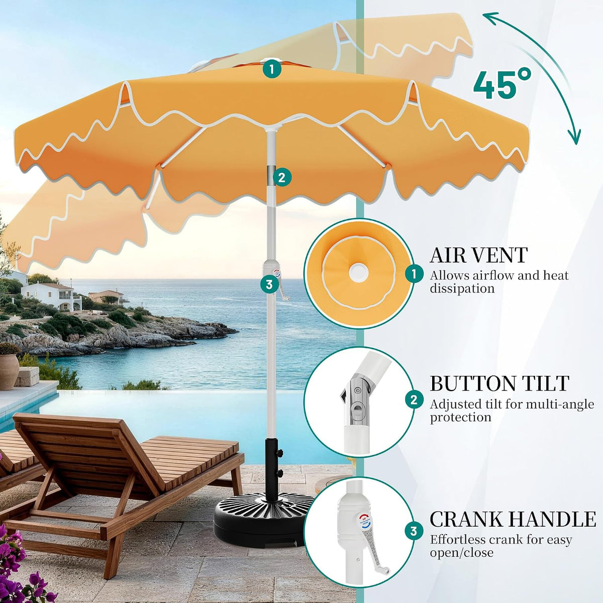 Patio Umbrella with Wavy Trim, UV-Fade-Resistant Canopy, Crank & Tilt - Mustard Yellow 9ft