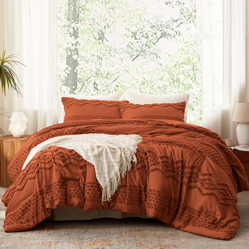 Terracotta Tufted Comforter Set, 3 Pieces Queen Boho Bedding Set