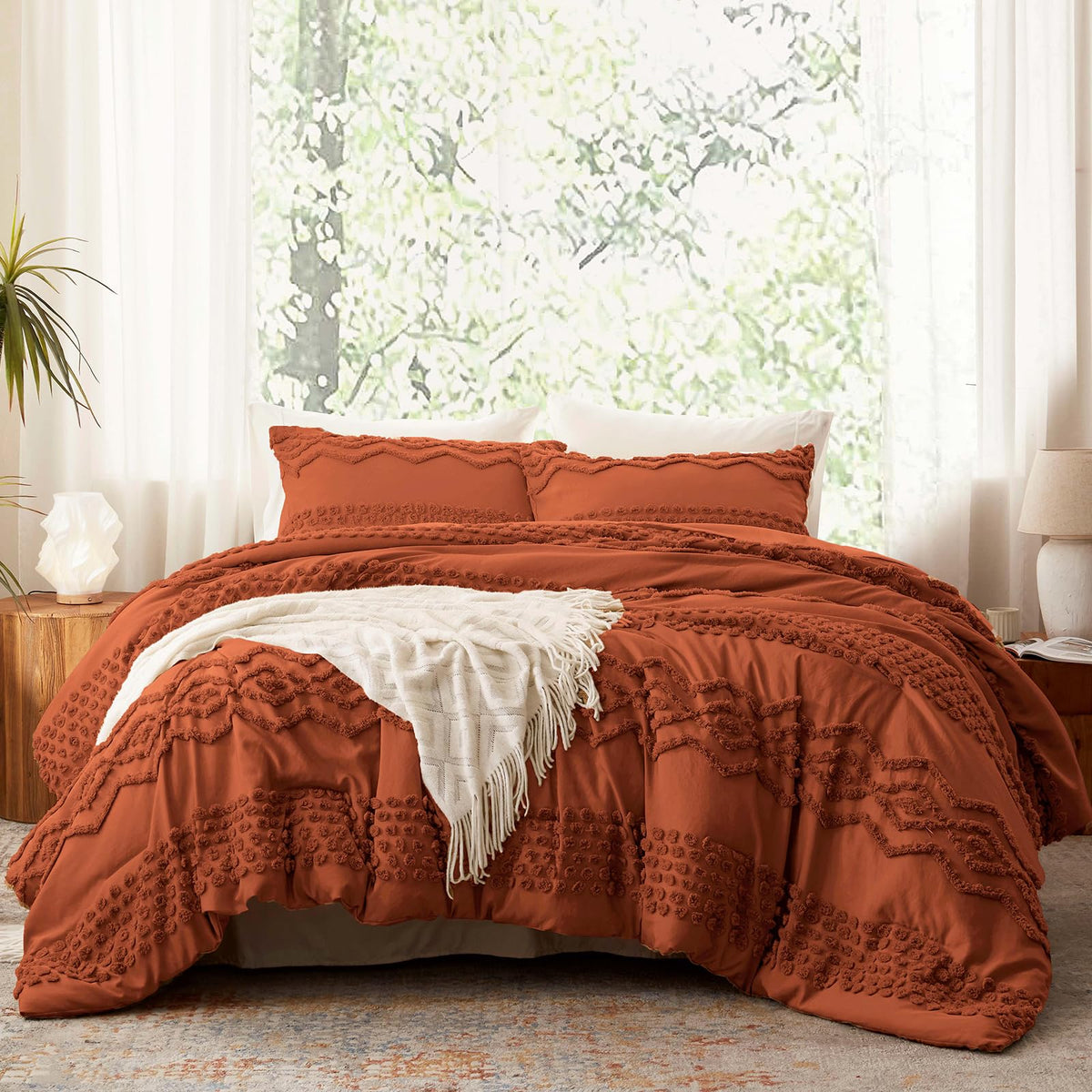 Terracotta Tufted Comforter Set, 3 Pieces Queen Boho Bedding Set