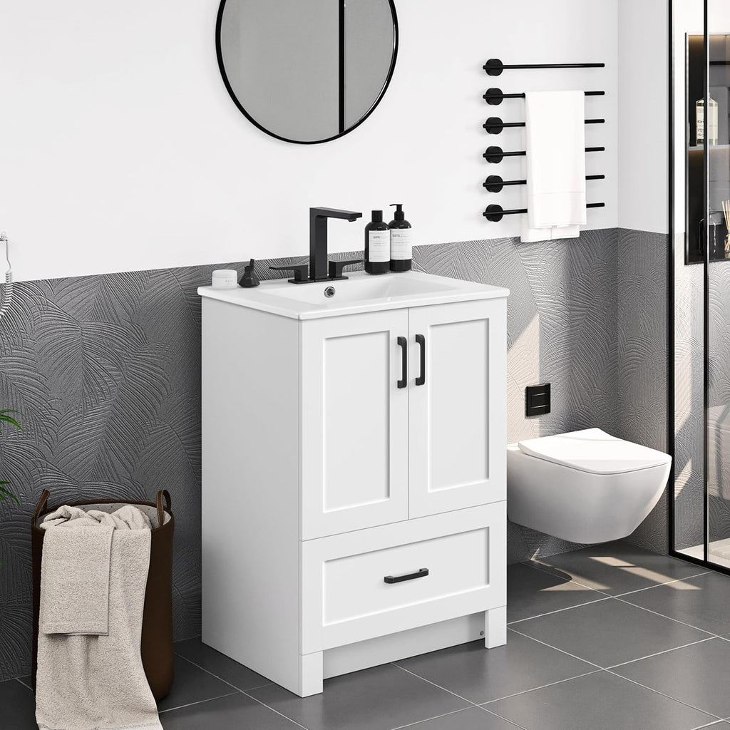 24.5" Modern Bathroom Vanity with Ceramic Basin, Undermount Vanity Sink Cabinet with 2 Doors and 1 Drawer, Free Standing Bathroom Storage Cabinet with Sink Combo Set, White