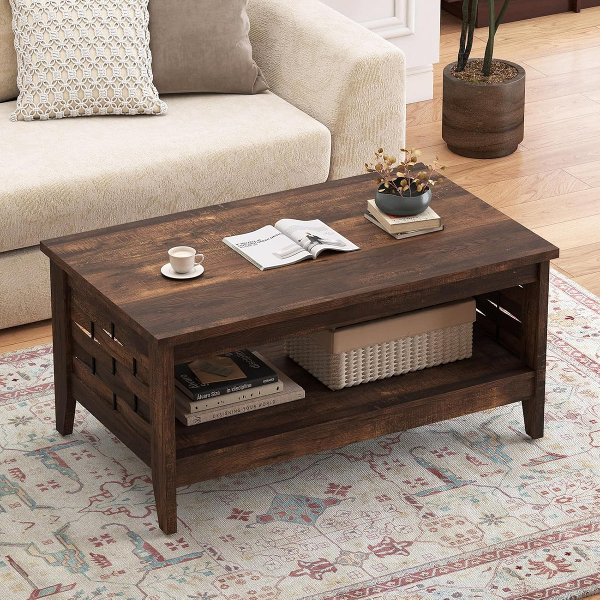 Farmhouse Coffee Table, 2-Tier Center Table with Storage Open Shelf & Woven Slatted Design