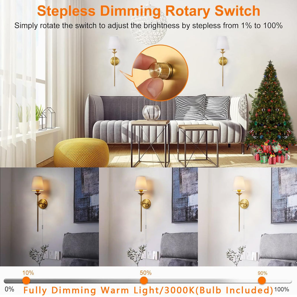 Dimmable Plug in Wall Sconces Set of 2, Gold Bedside Wall Lamp with Knob Dimmer Switch and 6.5FT Electric Cord, Mid