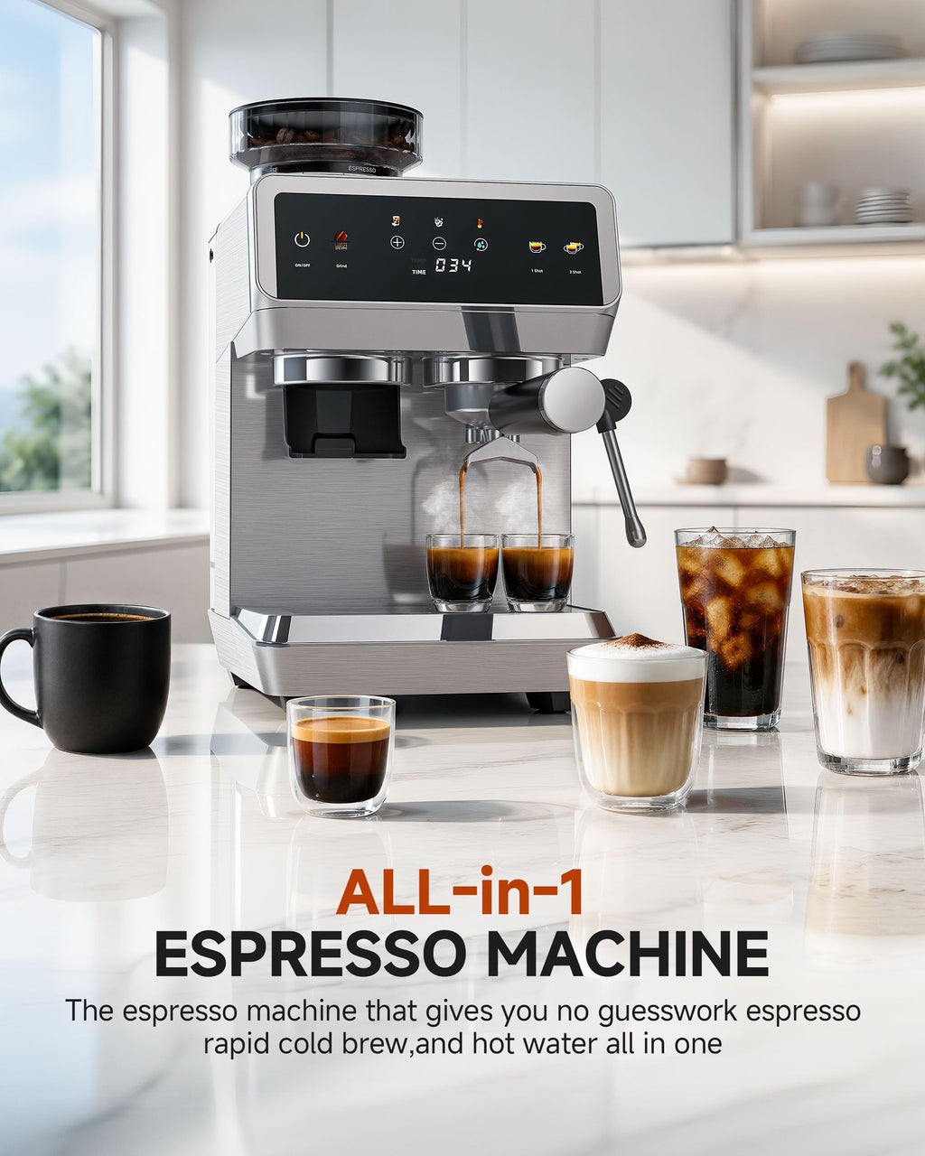 Espresso Machine With Grinder, Temp Control, 44 Grind Settings
