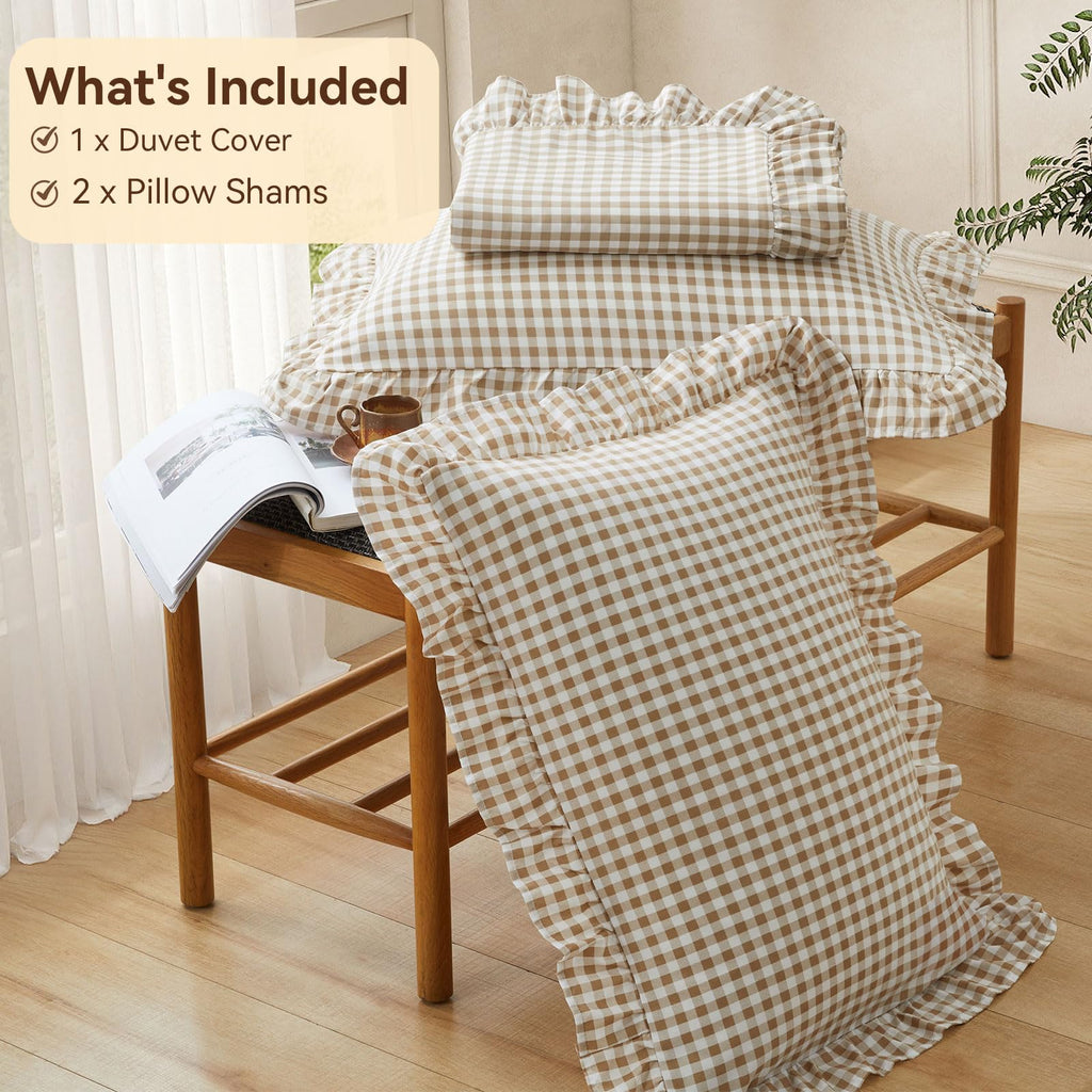 Gingham Ruffle Duvet Cover Set, 3 Pcs No Comforter, Taupe