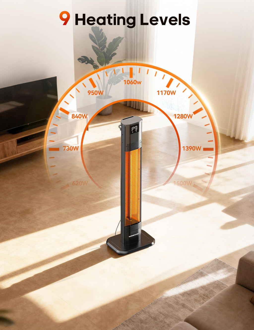 Outdoor Heater, 1s Instant Heating 42in Infrared Patio Heaters, 9 Heat Levels, 24H Timer, IPX5 Waterproof Electric