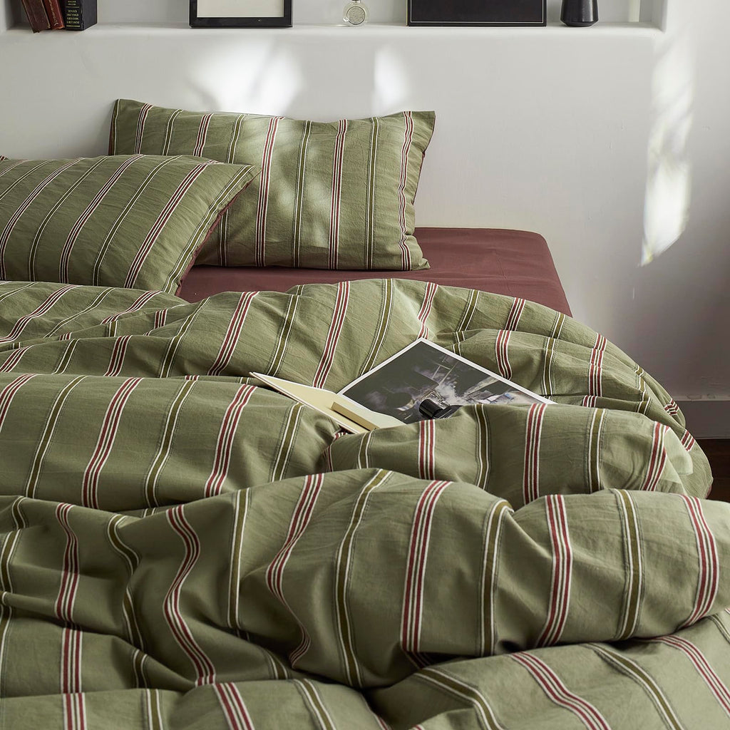 Vintage Striped Duvet Cover Set Queen - 100% Cotton Reversible Jacquard Bedding Set, Retro Olive Green & Terracotta