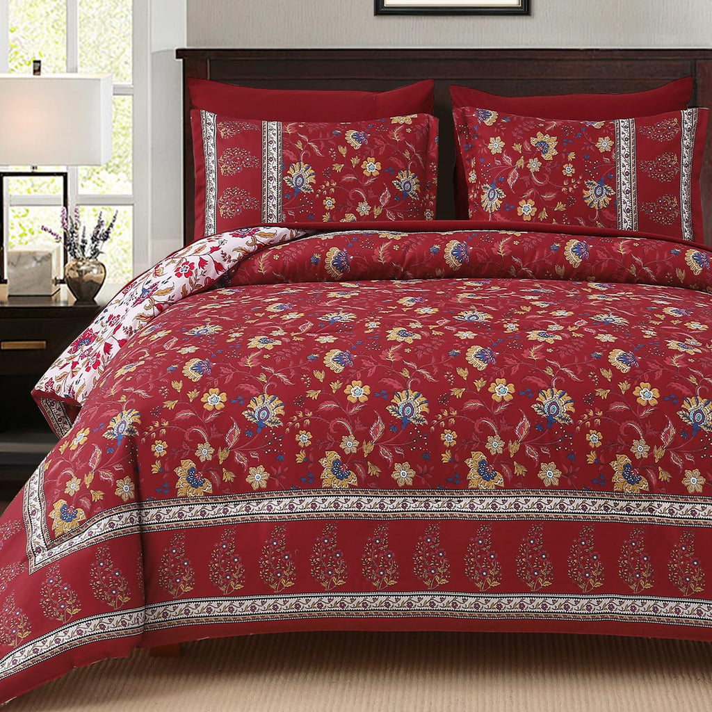 Comforter Set King Size Boho, Reversible Burgundy Bedding Paisley Floral
