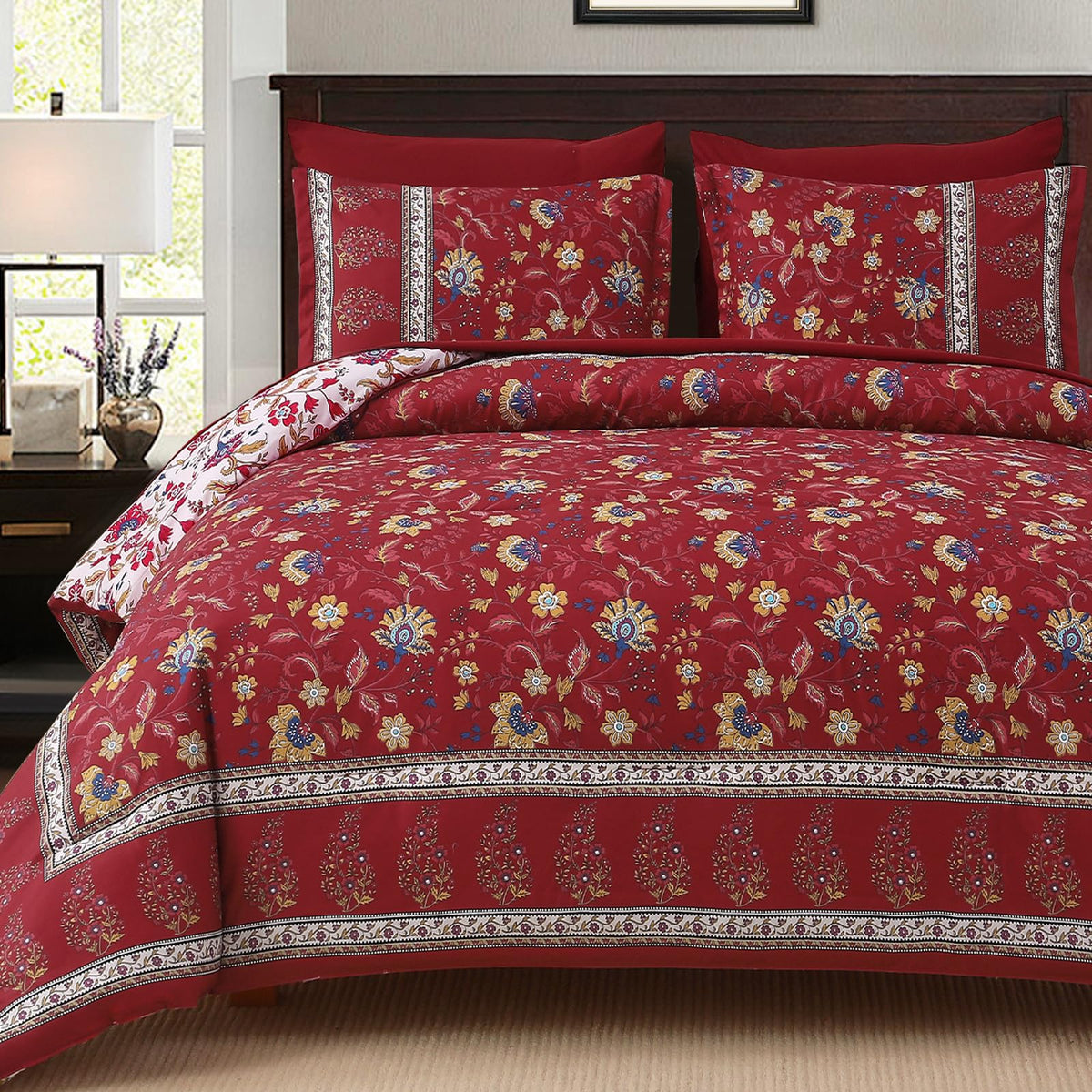 Comforter Set King Size Boho, Reversible Burgundy Bedding Paisley Floral
