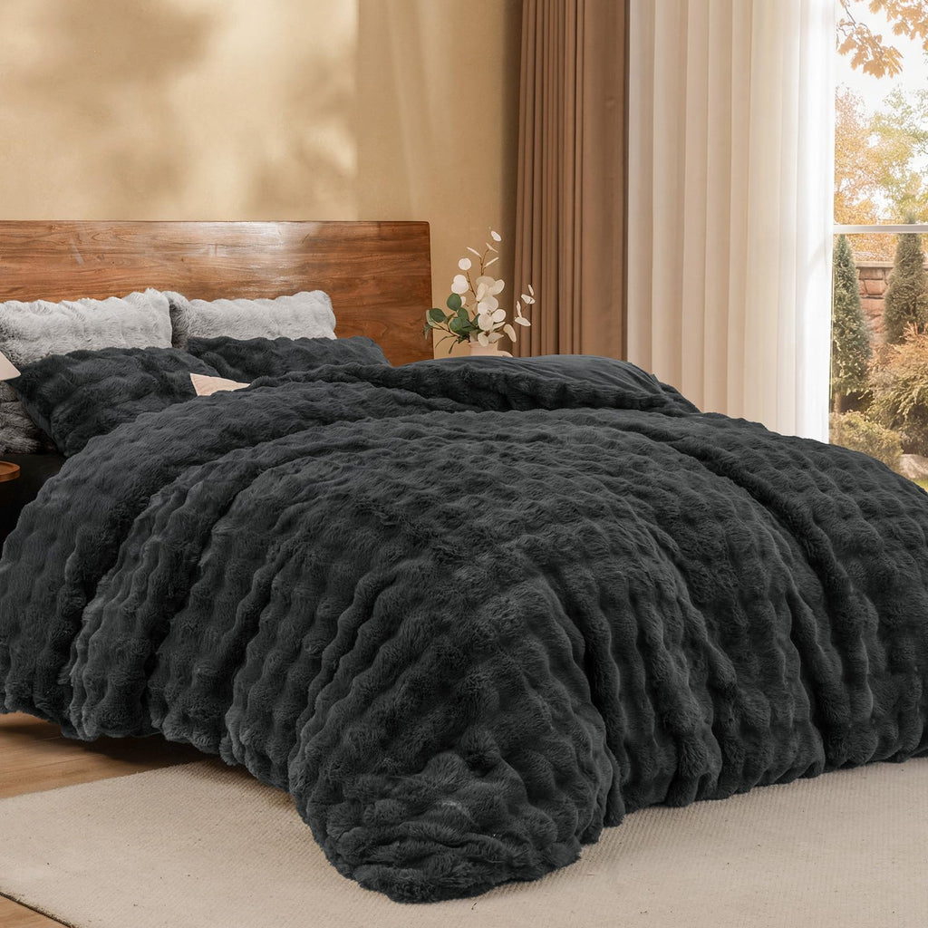 Fluffy Rabbit Faux Fur Duvet Cover Set, Black Oyster