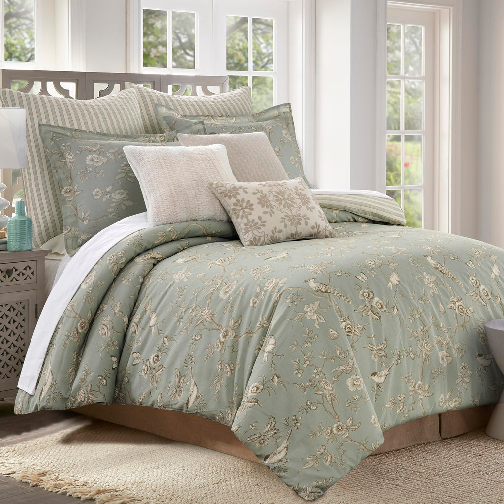 Lyon Teal Duvet Cover Set - Duvet (106x94in) and 2 Shams (20x36in) - Toile Bird Floral Design - Teal
